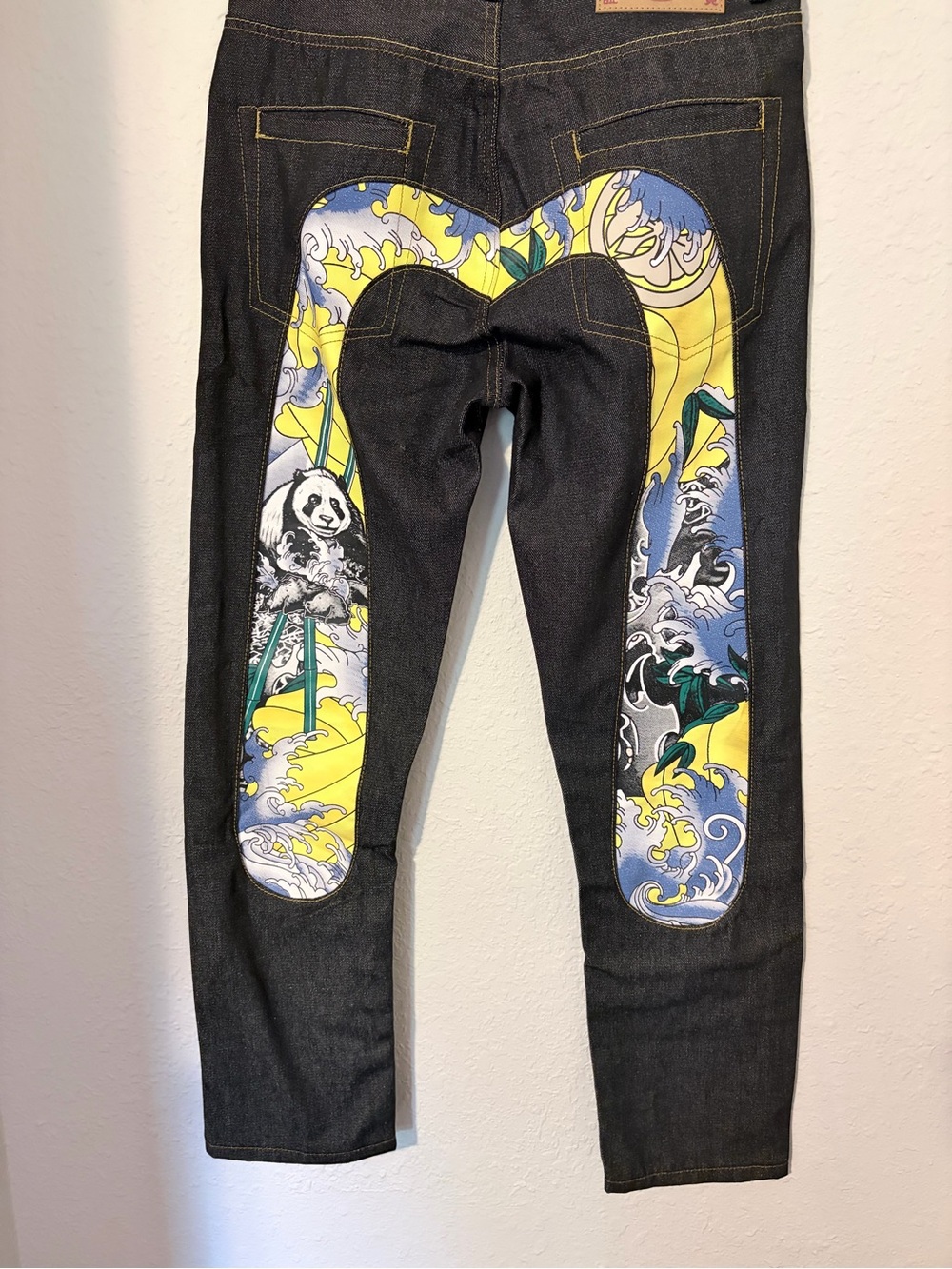 Evisu Black Skinny Jeans with Yellow & Blue Graphic Back Panels